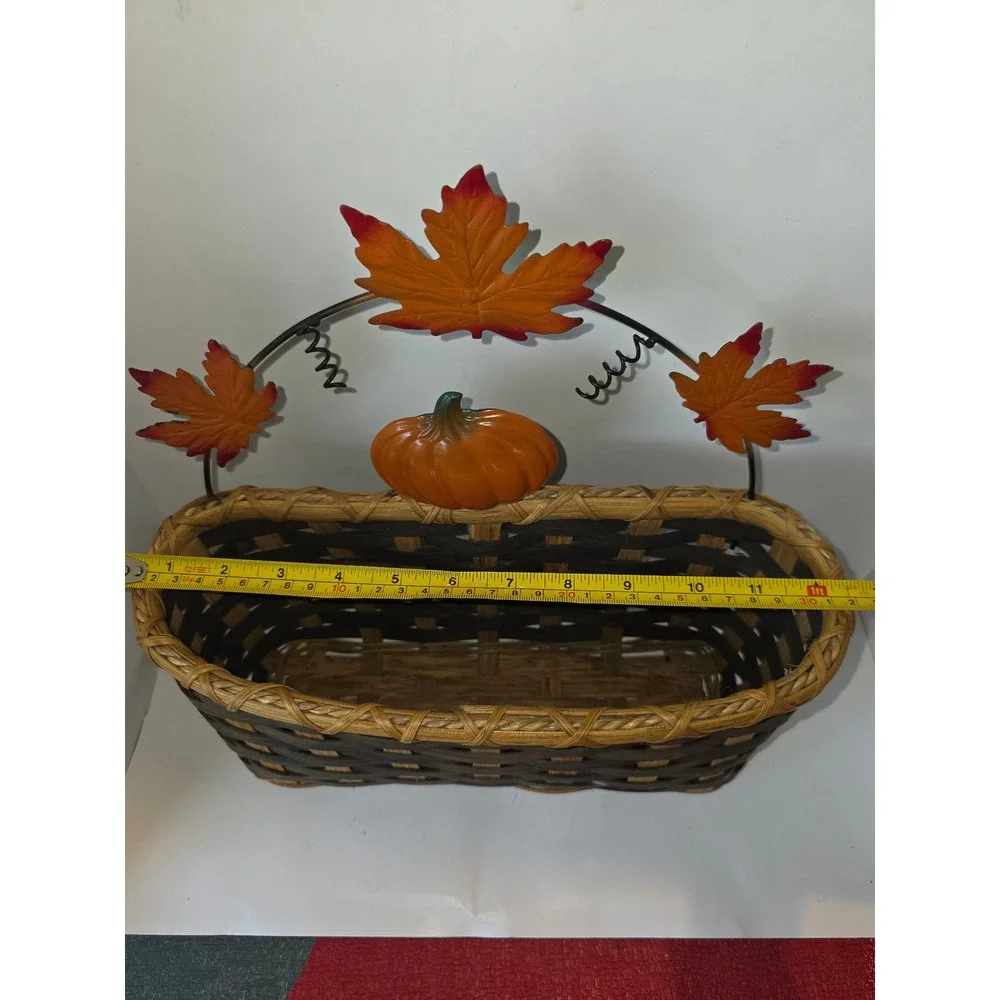 Vintage 1990s Harvest Basket Woven Wicker Pumpkin Maple Leaf Metal Handle Decor